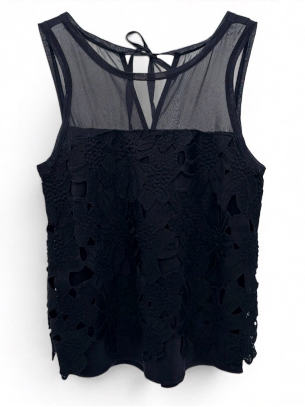 Ann Taylor Sleeveless Black Lace & Mesh Overlay Top Tie Back XS